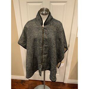 Free People Swept Away Blue & Gray Wool Herringbone Zip-Front Cape, Size OS